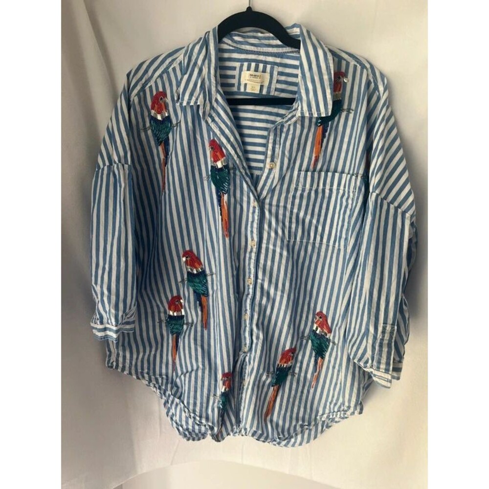 Anthropologie Striped Shirt with Beaded Parrot Embroidery Size M/L